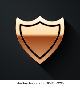 Gold Shield icon isolated on black background. Guard sign. Security, safety, protection, privacy concept. Long shadow style. Vector Illustration