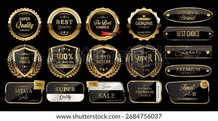Gold shield icon, logo, security badge, vector design.Best seller, best quality product vector badges. Luxury gold, Silver, bronze, black and gold circle labels, sign, seal, symbol, stamp, sticker