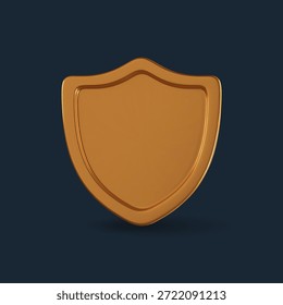 ícone de escudo dourado renderizado em metal 3D realista. Emblemas de proteção que simbolizam confiança, segurança, defesa e privacidade para projetos de negócios, seguros e tecnologia.