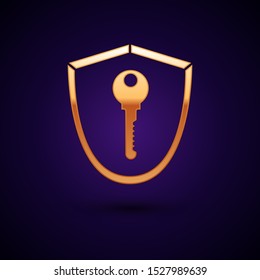 Gold Shield with key icon isolated on dark blue background. Protection and security concept. Safety badge icon. Privacy banner. Defense tag.  Vector Illustration