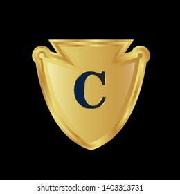 Gold shield with letter C – Vintage luxury logo with the letter C, Can be used for celebrations, anniversaries. Logo for your company. Victory logo for bussines. gold color