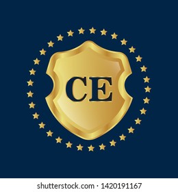 Gold shield with letter CE – Vintage luxury logo with the letter CE, Can be used for celebrations, anniversaries. Logo for your company. Victory logo for bussines. gold color 