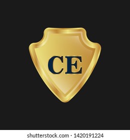 Gold shield with letter CE – Vintage luxury logo with the letter CE, Can be used for celebrations, anniversaries. Logo for your company. Victory logo for bussines. gold color 