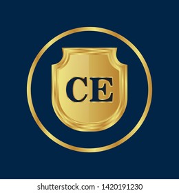 Gold shield with letter CE – Vintage luxury logo with the letter CE, Can be used for celebrations, anniversaries. Logo for your company. Victory logo for bussines. gold color 