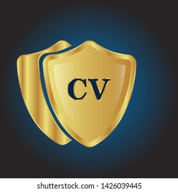 Gold shield with letter CV – Vintage luxury logo with the letter CV, Can be used for celebrations, anniversaries. Logo for your company. Victory logo for bussines. gold color