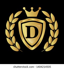 Gold shield with letter D – Vintage luxury logo with the letter D, Can be used for celebrations, anniversaries. Logo for your company. Victory logo for bussines. gold color 