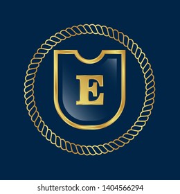 Gold shield with letter E – Vintage luxury logo with the letter E, Can be used for celebrations, anniversaries. Logo for your company. Victory logo for bussines. gold color 