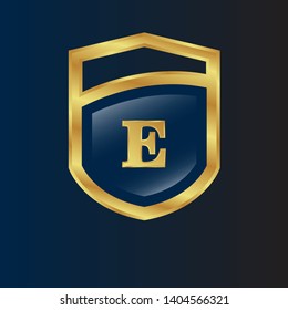 Gold shield with letter E – Vintage luxury logo with the letter E, Can be used for celebrations, anniversaries. Logo for your company. Victory logo for bussines. gold color 