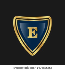 Gold shield with letter E – Vintage luxury logo with the letter E, Can be used for celebrations, anniversaries. Logo for your company. Victory logo for bussines. gold color 