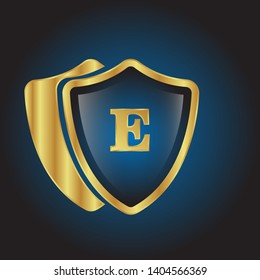 Gold shield with letter E – Vintage luxury logo with the letter E, Can be used for celebrations, anniversaries. Logo for your company. Victory logo for bussines. gold color 