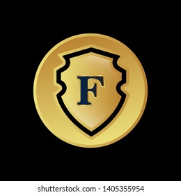 Gold shield with letter F – Vintage luxury logo with the letter F, Can be used for celebrations, anniversaries. Logo for your company. Victory logo for bussines. gold color 