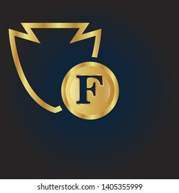 Gold shield with letter F – Vintage luxury logo with the letter F, Can be used for celebrations, anniversaries. Logo for your company. Victory logo for bussines. gold color 