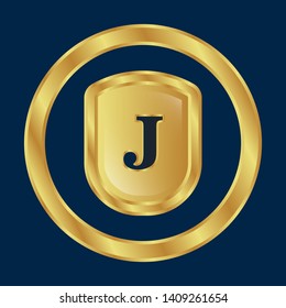 Gold shield with letter J – Vintage luxury logo with the letter J, Can be used for celebrations, anniversaries. Logo for your company. Victory logo for bussines. gold color 