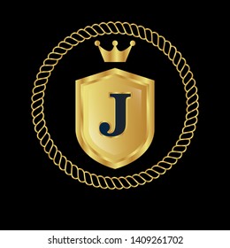 Gold shield with letter J – Vintage luxury logo with the letter J, Can be used for celebrations, anniversaries. Logo for your company. Victory logo for bussines. gold color 