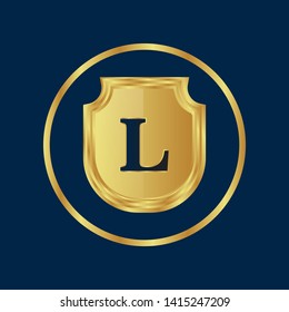 Gold shield with letter L – Vintage luxury logo with the letter L, Can be used for celebrations, anniversaries. Logo for your company. Victory logo for bussines. gold color