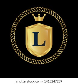 Gold shield with letter L – Vintage luxury logo with the letter L, Can be used for celebrations, anniversaries. Logo for your company. Victory logo for bussines. gold color