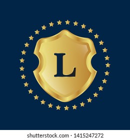 Gold shield with letter L – Vintage luxury logo with the letter L, Can be used for celebrations, anniversaries. Logo for your company. Victory logo for bussines. gold color