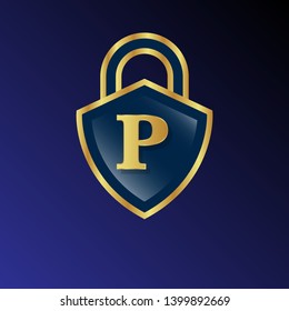 Gold shield with letter P – Vintage luxury logo with the letter P, Can be used for celebrations, anniversaries. Logo for your company. Victory logo for bussines. gold color