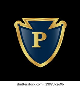 Gold shield with letter P – Vintage luxury logo with the letter P, Can be used for celebrations, anniversaries. Logo for your company. Victory logo for bussines. gold color