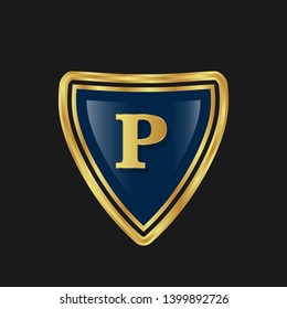 Gold shield with letter P – Vintage luxury logo with the letter P, Can be used for celebrations, anniversaries. Logo for your company. Victory logo for bussines. gold color