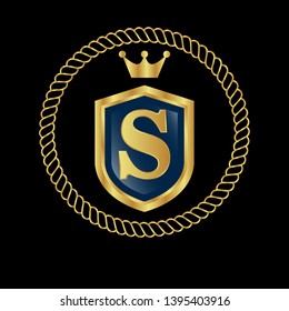 Gold shield with letter S – Vintage luxury logo with the letter S, Can be used for celebrations, anniversaries. Logo for your company. Victory logo for bussines. gold color