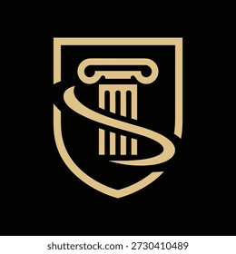 Logotipo de escudo dorado con columna estilizada y elemento de diseño de remolino