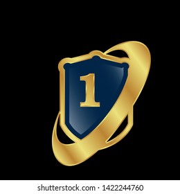 Gold shield with number 1 – Vintage luxury logo with the number 1, Can be used for celebrations, anniversaries. Logo for your company. Victory logo for bussines. gold color -