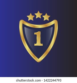 Gold shield with number 1 – Vintage luxury logo with the number 1, Can be used for celebrations, anniversaries. Logo for your company. Victory logo for bussines. gold color -