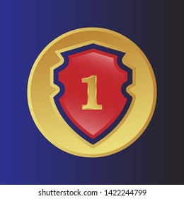 Gold shield with number 1 – Vintage luxury logo with the number 1, Can be used for celebrations, anniversaries. Logo for your company. Victory logo for bussines. gold color -