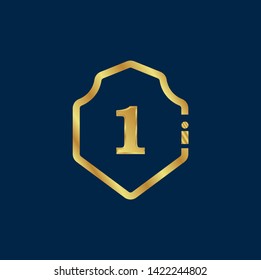 Gold shield with number 1 – Vintage luxury logo with the number 1, Can be used for celebrations, anniversaries. Logo for your company. Victory logo for bussines. gold color -