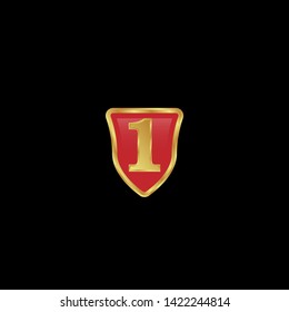 Gold shield with number 1 – Vintage luxury logo with the number 1, Can be used for celebrations, anniversaries. Logo for your company. Victory logo for bussines. gold color -