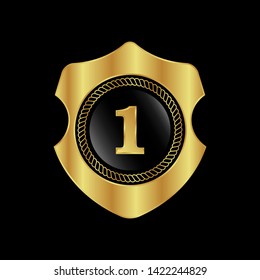 Gold shield with number 1 – Vintage luxury logo with the number 1, Can be used for celebrations, anniversaries. Logo for your company. Victory logo for bussines. gold color -