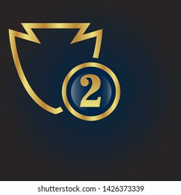 Gold shield with number 2 – Vintage luxury logo with the number 2, Can be used for celebrations, anniversaries. Logo for your company. Victory logo for bussines