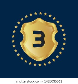 Gold shield with number 3 – Vintage luxury logo with the number 3, Can be used for celebrations, anniversaries. Logo for your company. Victory logo for bussines