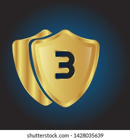 Gold shield with number 3 – Vintage luxury logo with the number 3, Can be used for celebrations, anniversaries. Logo for your company. Victory logo for bussines