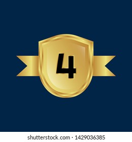 Gold shield with number 4 – Vintage luxury logo with the number 4, Can be used for celebrations, anniversaries. Logo for your company. Victory logo for bussines
