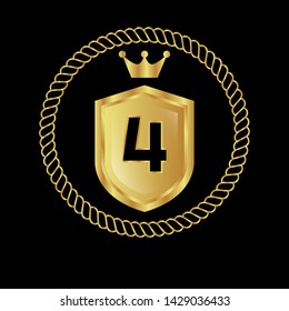 Gold shield with number 4 – Vintage luxury logo with the number 4, Can be used for celebrations, anniversaries. Logo for your company. Victory logo for bussines
