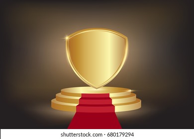 Gold shield on Gold stage podium with red carpet