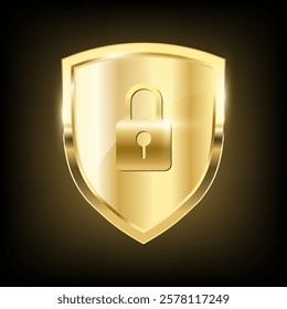 Gold shield with padlock keyhole icon, Realistic isolated golden armory trophy with metal coat, 3d luxury safety protection emblem, vintage shiny royal award. vector design illustration on dark