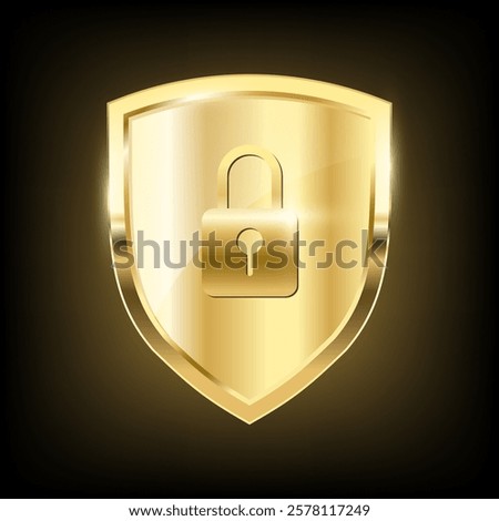 Gold shield with padlock keyhole icon, Realistic isolated golden armory trophy with metal coat, 3d luxury safety protection emblem, vintage shiny royal award. vector design illustration on dark