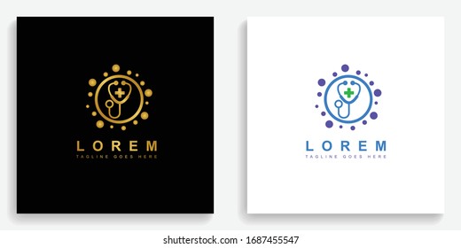 Gold shield protect stethoscope doctor medical bacteria virus logo. Modern logo icon template vector design