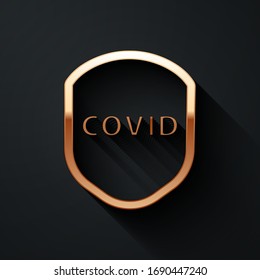 Gold Shield protecting from virus, germs and bacteria icon isolated on black background. Immune system concept. Corona virus covid-19. Long shadow style. Vector Illustration