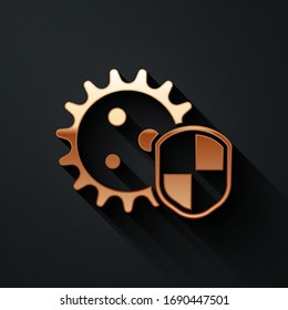 Gold Shield protecting from virus, germs and bacteria icon isolated on black background. Immune system concept. Corona virus 2019-nCoV. Long shadow style. Vector Illustration
