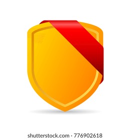 Gold shield with red ribbon vector icon illustration isolated on white background