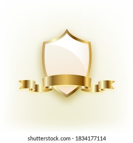 Gold shield with ribbon on white background. Vector.