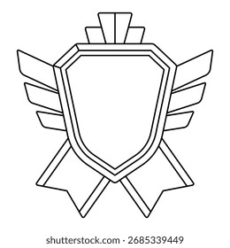 Escudo de ouro com fitas e asas. Prêmio do jogo para os vencedores. Ilustração do prêmio para competições desportivas.