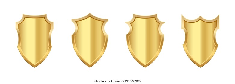 Gold shield set vector illustration. Realistic isolated golden armory trophy with metal coat, 3d luxury safety protection emblem of different shapes, vintage blank shiny royal award collection