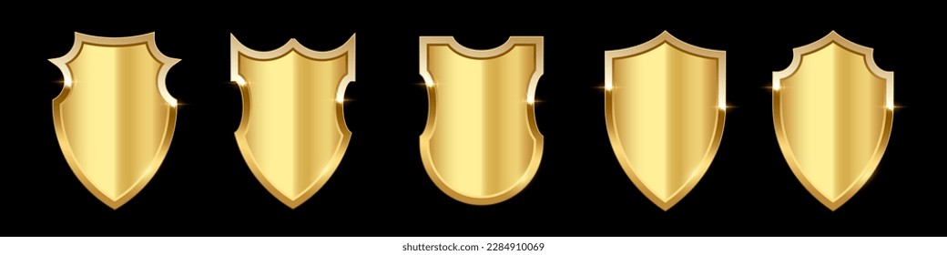 Gold shield set vector illustration. Realistic isolated golden armory trophy with metal coat, 3d luxury safety protection emblem of different shapes, vintage blank shiny royal award collection
