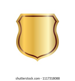Gold shield shape icon. 3D golden emblem sign isolated on white background. Symbol of security, power, protection. Badge shape shield graphic design Vector illustration
