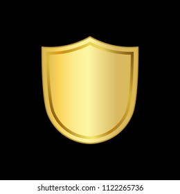 Gold shield shape icon. 3D golden emblem sign isolated on black background. Symbol of security, power, protection. Badge shape shield graphic design Vector illustration